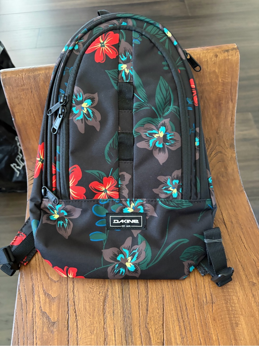 NWOT DAKINE Black Backpack with Red & Teal Floral Print